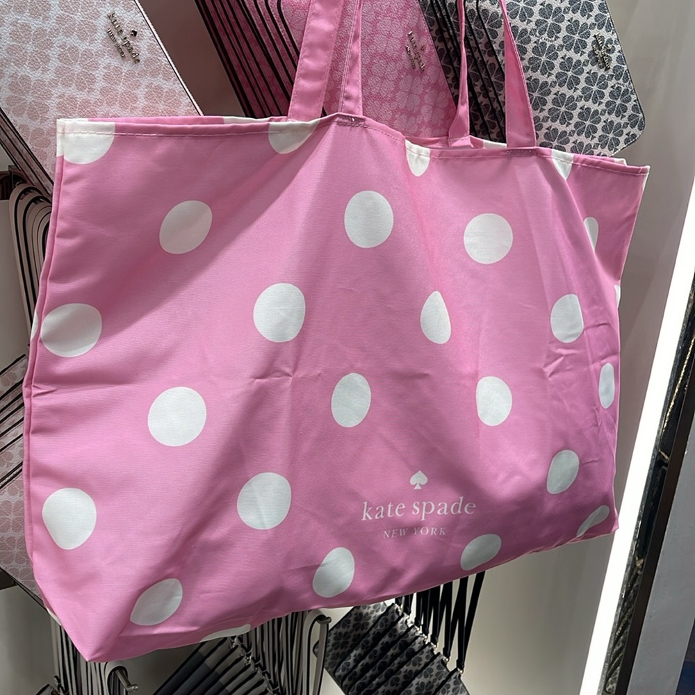 Kate Spade Soft Pink-White Polka Dots Canvas Tote XL Reusable Shopping Beach Bag - Picture 16 of 16